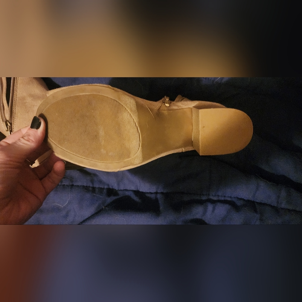 Tan open toe boots
